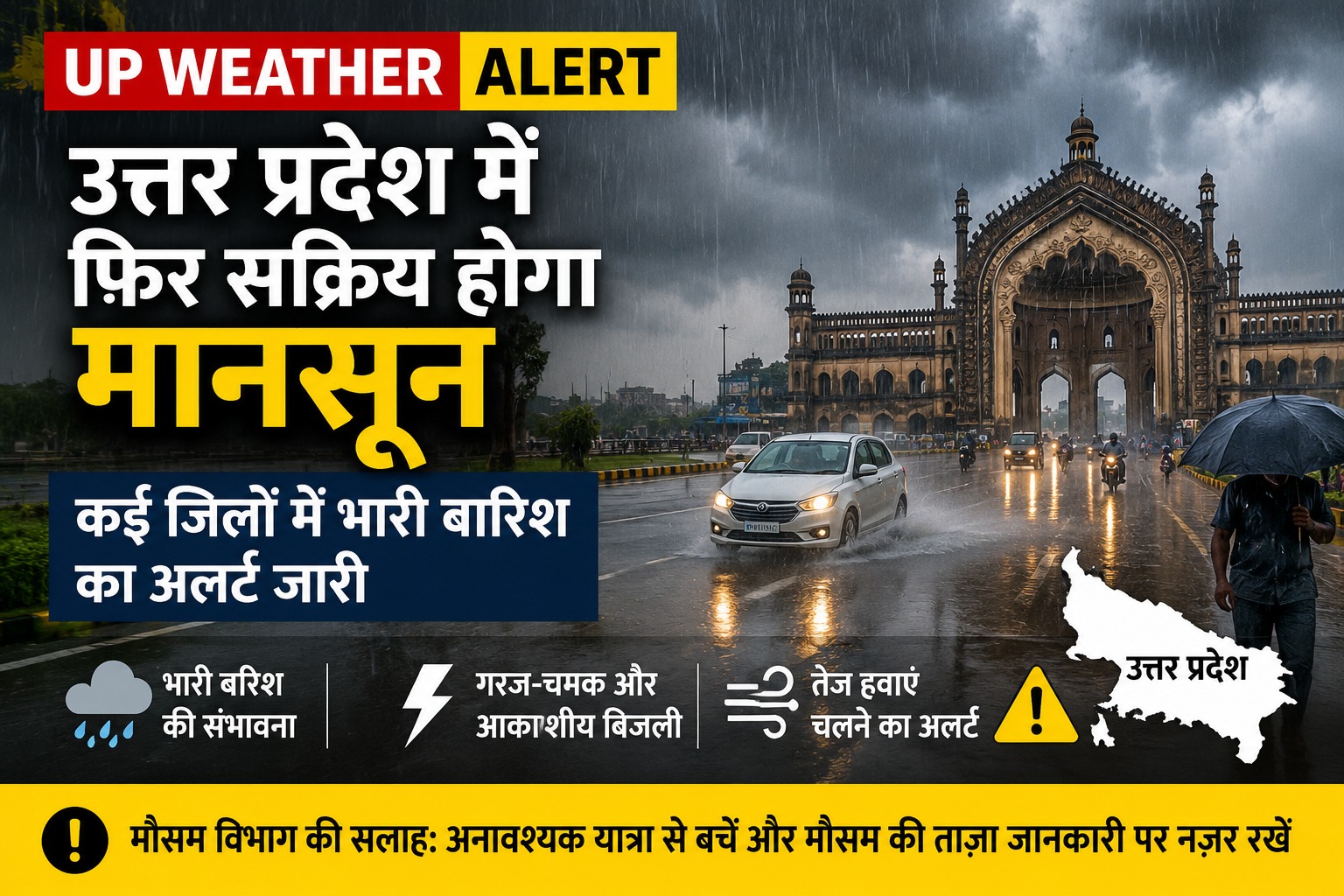 UP Weather Alert: उत्तर प्रदेश में अगले 24 घंटे में फिर सक्रिय होगा मानसून, कई जिलों में भारी बारिश और आकाशीय बिजली का अलर्ट