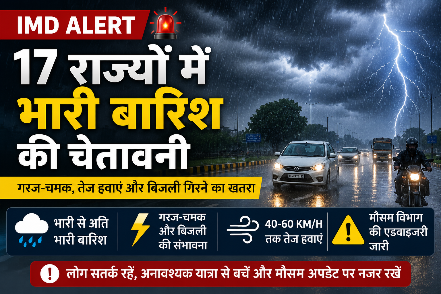 IMD Rain Alert: देश के 17 राज्यों में भारी बारिश की चेतावनी, कई क्षेत्रों में बिजली गिरने और तेज हवाओं का खतरा