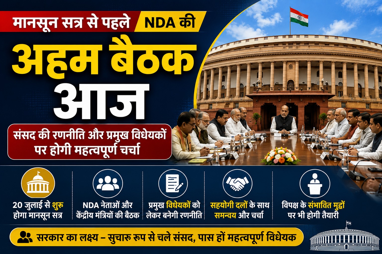 मानसून सत्र से पहले आज NDA की अहम बैठक, संसद की रणनीति और प्रमुख विधेयकों पर होगी चर्चा